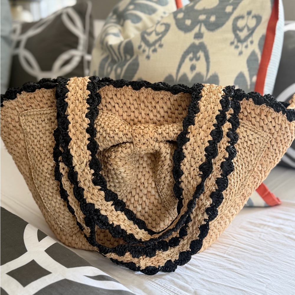 Woven Straw Tote Bag with Black Trim